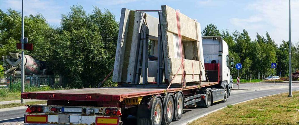 Modular building materials being transported on a flatbed