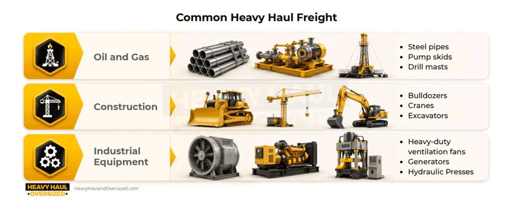 The graphic shows different types of heavy haul freight based on the industry they're used in. The first row is oil and gas and shows steel pipes, pump skids, and drill masts. The second row is construction and shows equipment like bulldozers, cranes, and excavators. The third row is industrial equipment like heavy-duty ventilation fans, generators, and hydraulic presses. 