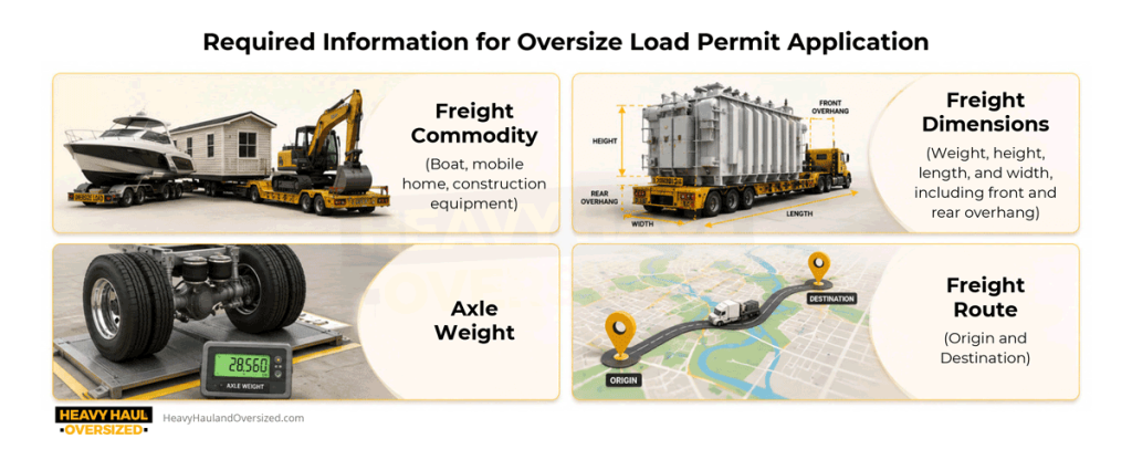 The graphic shows the required information for an oversize load permit application. The top left box is freight commodity and shows a boat, tiny home, and excavator on separate trailers. The top right box is freight dimensions and shows an heavy piece of equipment on a trailer. The bottom left box is axle weight and shows an axle on a scale. The bottom right box shows a semi truck hauling heavy equipment traveling on a map. 