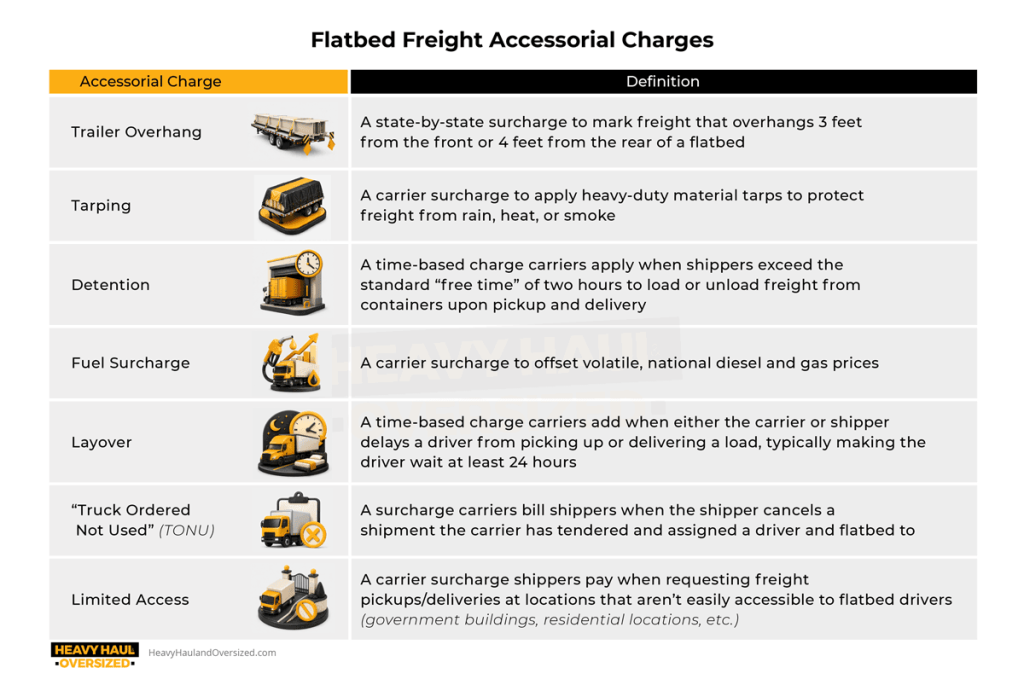 The graphic shows flatbed freight accessorial charges. This includes trailer overhang, tarping, detention, fuel surcharge, layover, truck ordered not used, and limited access.